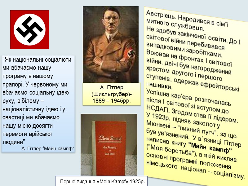 А. Гітлер (Шикльгрубер)-  1889 – 1945рр. Австрієць. Народився в сім’ї митного службовця. Не